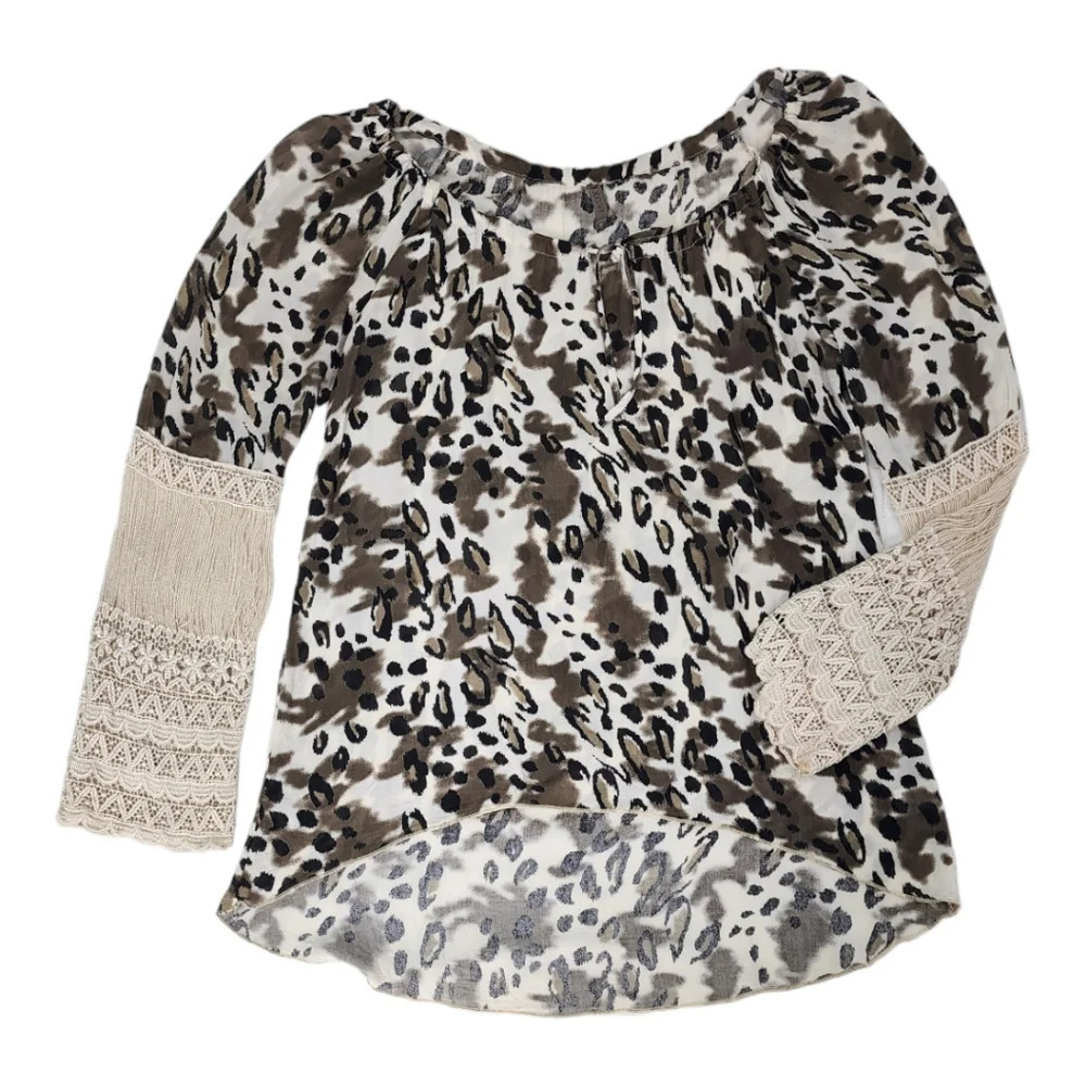 XCVI Leopard Print Boho Blouse Crochet Lace Sleeves Small